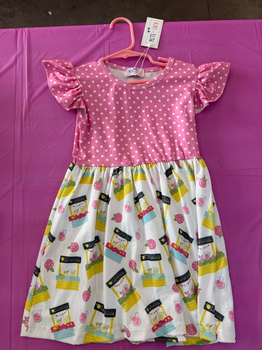 Pete + Lucy Girls Pink Polka Dot Flutter-Sleeve Dress with Lemonade Print Skirt